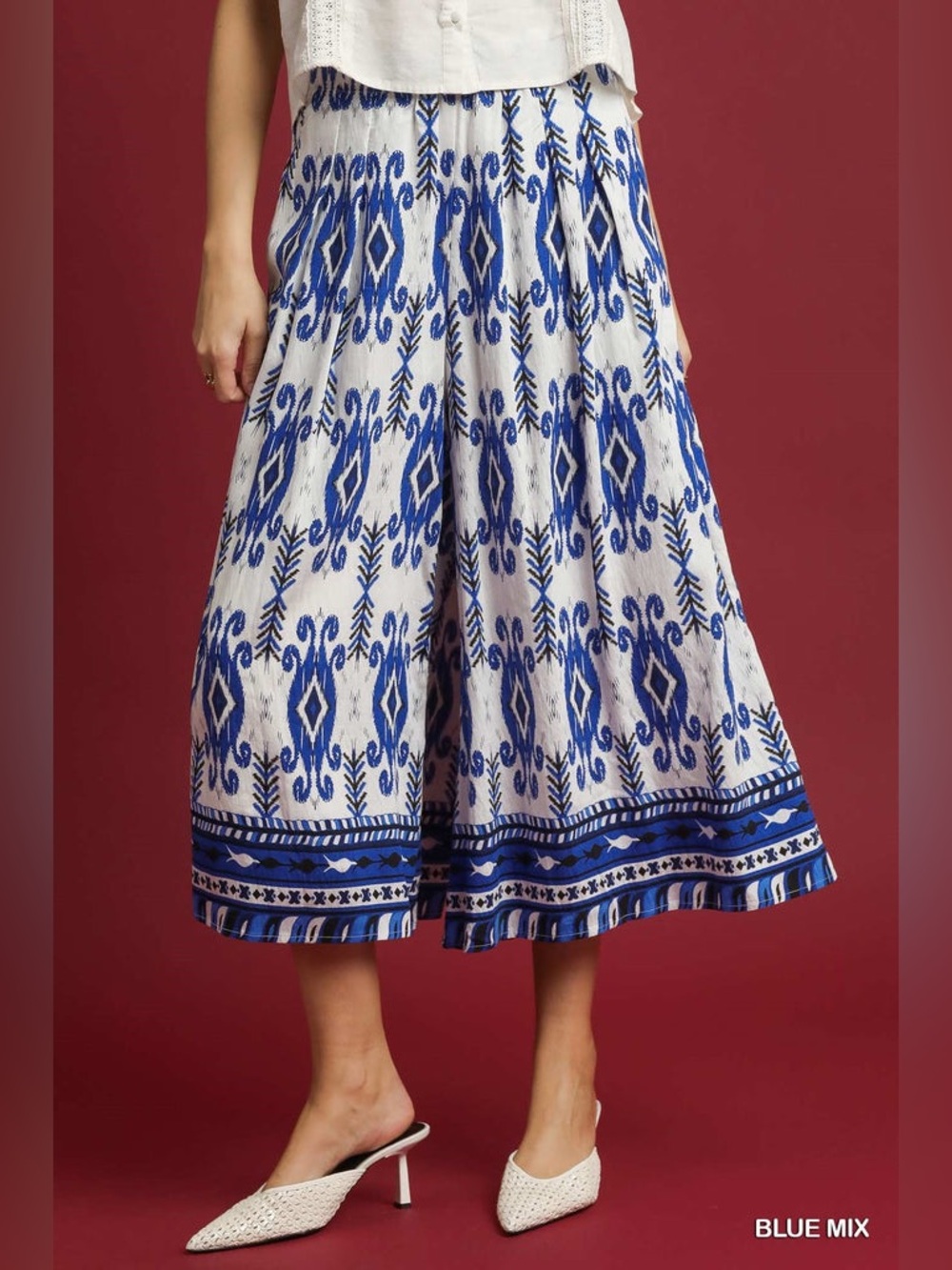 Umgee Cropped Pleated Wide Leg Lined Pants, Blue Combo, NWT, Size Large